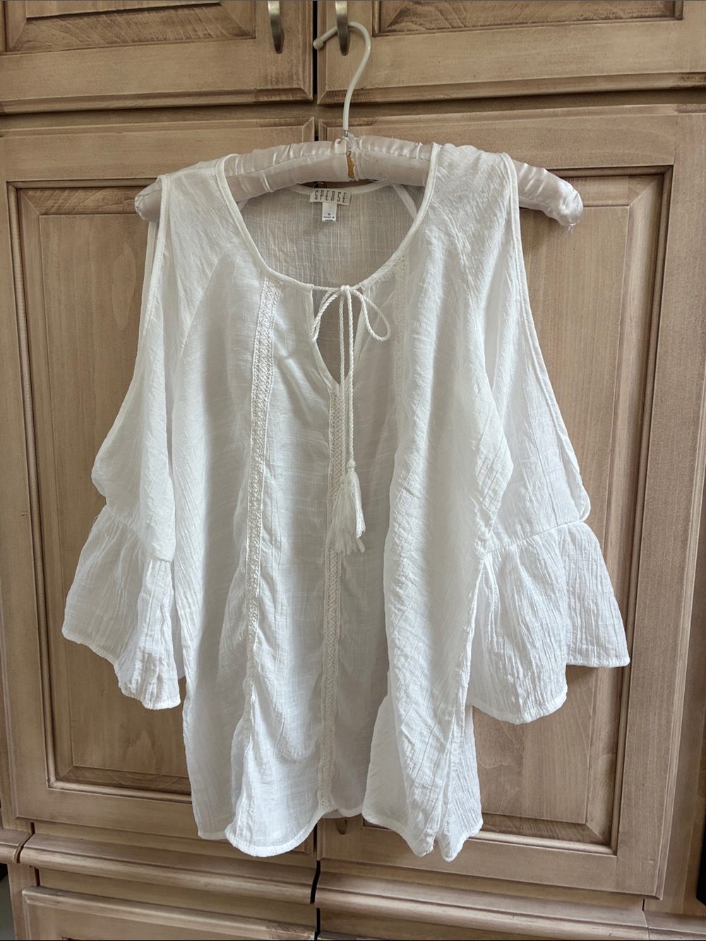 Spense White Cold-Shoulder Tassel Tie Blouse